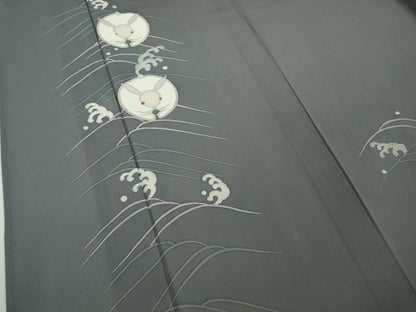 平和屋着物＊極上　夏物　訪問着　絽　立波に兎　うさぎ　藍墨茶色地　逸品　DZAB8730kh6