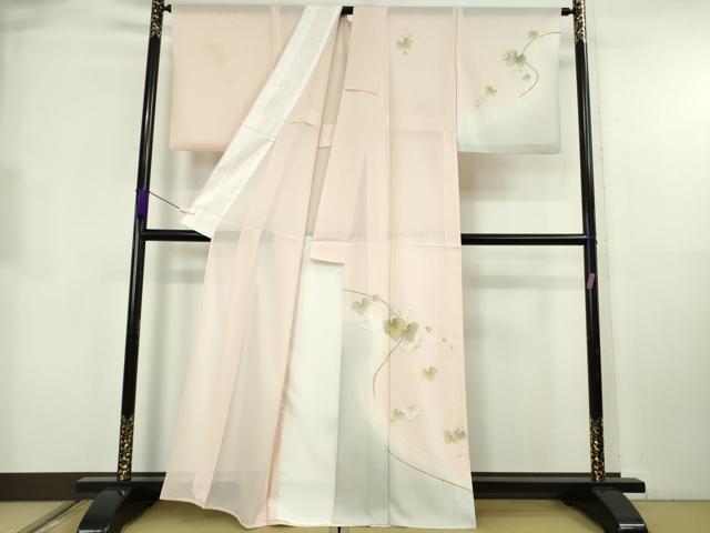 平和屋着物＊極上　夏物　訪問着　絽　駒刺繍　蔦の葉花文　暈し染め　柿洗色地　金彩　逸品　DZAB8731kh6