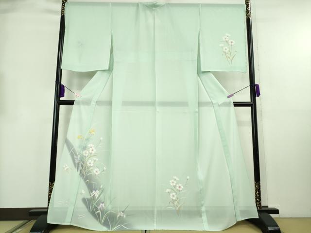 平和屋本店＊極上　夏物　訪問着　絽　手描き　草花文　白緑色地　暈し染め　逸品　未使用　DZAB8732kh6