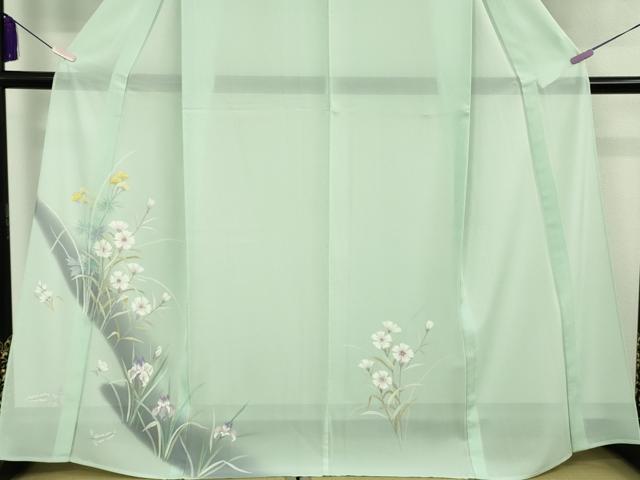 平和屋本店＊極上　夏物　訪問着　絽　手描き　草花文　白緑色地　暈し染め　逸品　未使用　DZAB8732kh6