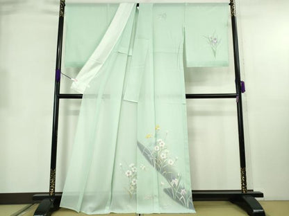 平和屋本店＊極上　夏物　訪問着　絽　手描き　草花文　白緑色地　暈し染め　逸品　未使用　DZAB8732kh6