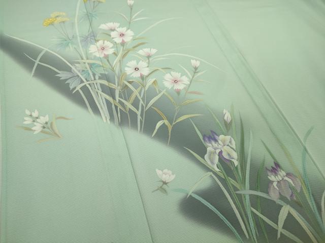 平和屋本店＊極上　夏物　訪問着　絽　手描き　草花文　白緑色地　暈し染め　逸品　未使用　DZAB8732kh6