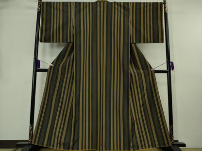 平和屋本店●極上　本場黄八丈　黒八丈　平織　紬　縞　逸品　未使用　DZAB8742kh6