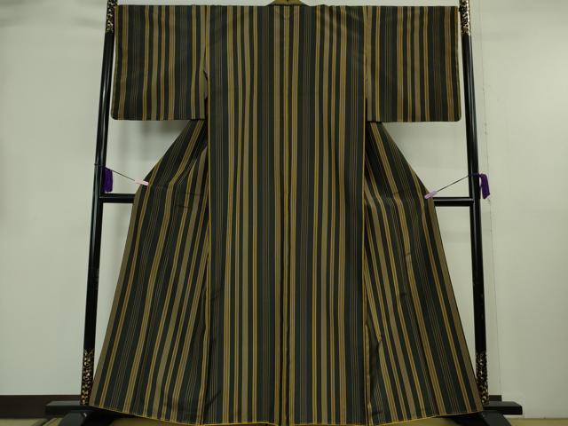 平和屋本店●極上　本場黄八丈　黒八丈　平織　紬　縞　逸品　未使用　DZAB8742kh6