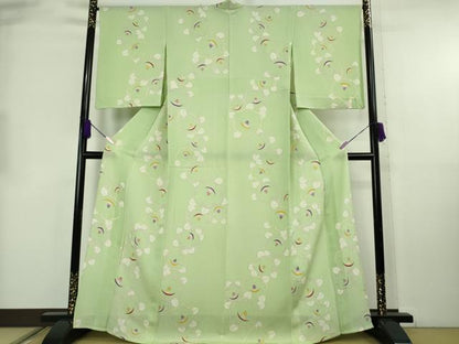 平和屋着物▽極上　小紋　単衣　椿　若葉色地　金彩　鬼しぼ縮緬　反端付き　逸品　DZAB8747kh6
