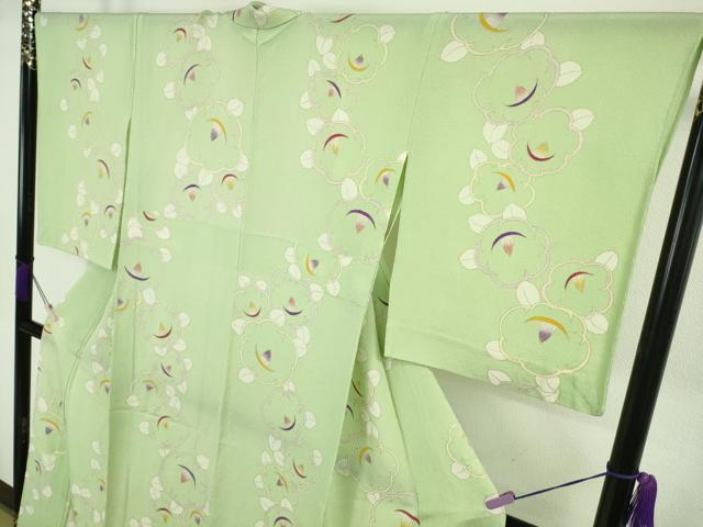 平和屋着物▽極上　小紋　単衣　椿　若葉色地　金彩　鬼しぼ縮緬　反端付き　逸品　DZAB8747kh6