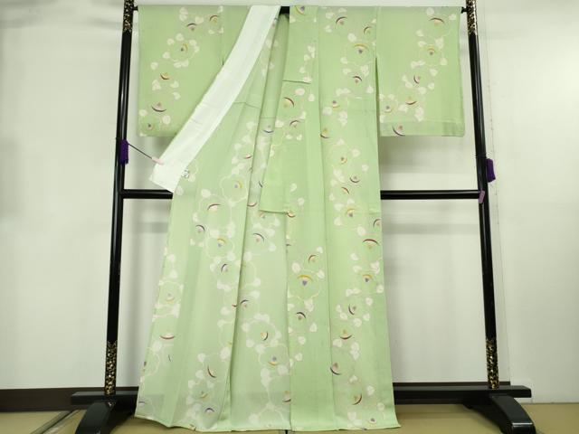 平和屋着物▽極上　小紋　単衣　椿　若葉色地　金彩　鬼しぼ縮緬　反端付き　逸品　DZAB8747kh6