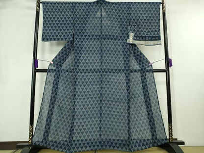 平和屋本店＊極上　夏物　本場小千谷ちぢみ　麻　越後型正藍染　紺仁工房　絽紬　正藍　草木染　鱗　若松葉　証紙付き　逸品　DZAB8748kh6