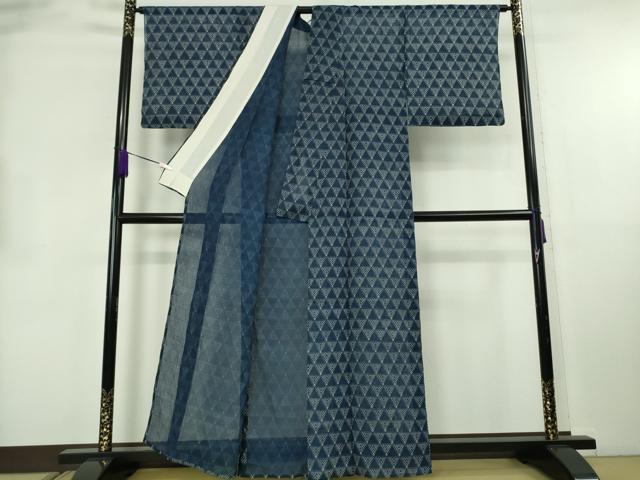 平和屋本店＊極上　夏物　本場小千谷ちぢみ　麻　越後型正藍染　紺仁工房　絽紬　正藍　草木染　鱗　若松葉　証紙付き　逸品　DZAB8748kh6