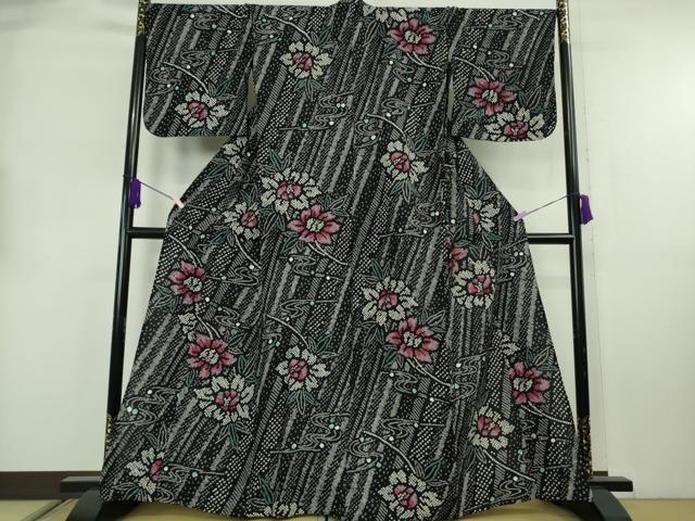 平和屋着物∴極上　夏物　浴衣　有松鳴海絞り　流水花文　黒地　綿　逸品　DZAB8749kh6