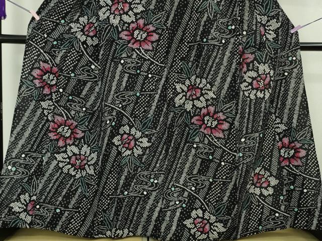 平和屋着物∴極上　夏物　浴衣　有松鳴海絞り　流水花文　黒地　綿　逸品　DZAB8749kh6