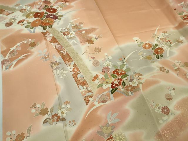 平和屋本店●極上　創業460年・千總　訪問着　駒刺繍　吉祥花文　深支子色地　暈し染め　金彩　大丸扱い　逸品　DZAB8752kh6