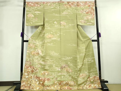 平和屋着物●極上　訪問着　駒刺繍　舞扇吉祥花文　抹茶色地　金彩　ロング丈　逸品　DZAB8753kh6
