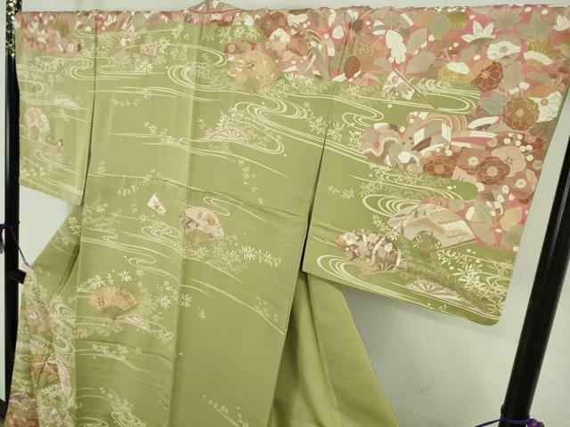 平和屋着物●極上　訪問着　駒刺繍　舞扇吉祥花文　抹茶色地　金彩　ロング丈　逸品　DZAB8753kh6