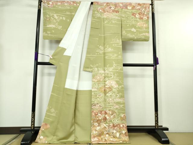平和屋着物●極上　訪問着　駒刺繍　舞扇吉祥花文　抹茶色地　金彩　ロング丈　逸品　DZAB8753kh6