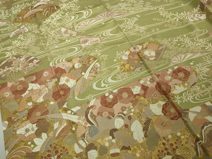 平和屋着物●極上　訪問着　駒刺繍　舞扇吉祥花文　抹茶色地　金彩　ロング丈　逸品　DZAB8753kh6