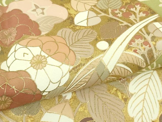 平和屋着物●極上　訪問着　駒刺繍　舞扇吉祥花文　抹茶色地　金彩　ロング丈　逸品　DZAB8753kh6