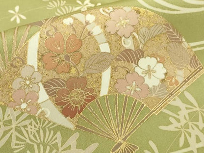 平和屋着物●極上　訪問着　駒刺繍　舞扇吉祥花文　抹茶色地　金彩　ロング丈　逸品　DZAB8753kh6