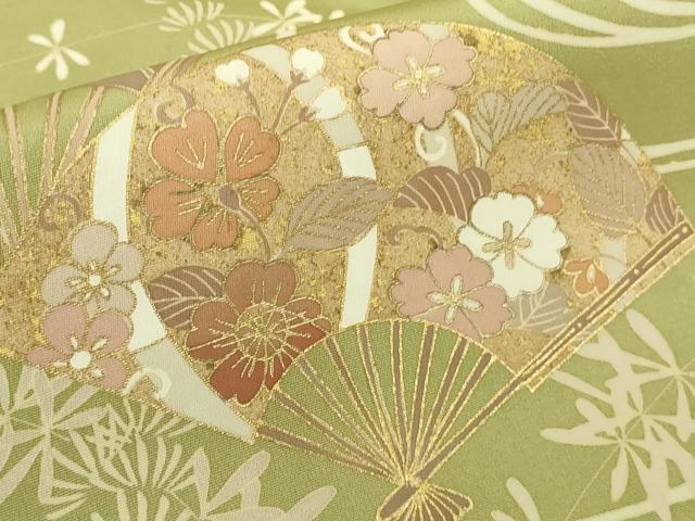 平和屋着物●極上　訪問着　駒刺繍　舞扇吉祥花文　抹茶色地　金彩　ロング丈　逸品　DZAB8753kh6