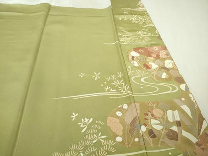 平和屋着物●極上　訪問着　駒刺繍　舞扇吉祥花文　抹茶色地　金彩　ロング丈　逸品　DZAB8753kh6