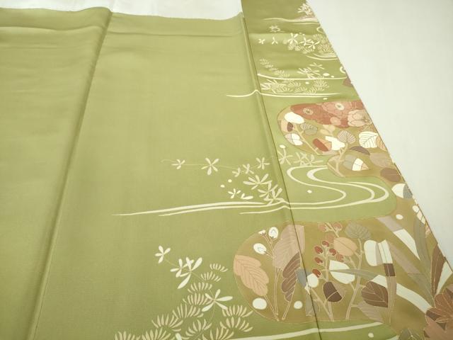 平和屋着物●極上　訪問着　駒刺繍　舞扇吉祥花文　抹茶色地　金彩　ロング丈　逸品　DZAB8753kh6