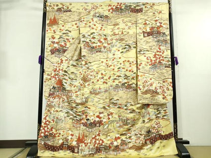 平和屋本店●極上　中国三大刺繍　蘇州刺繍　振袖　駒刺繍　風景吉祥花文　淡黄色地　金彩　逸品　DZAB8754kh6