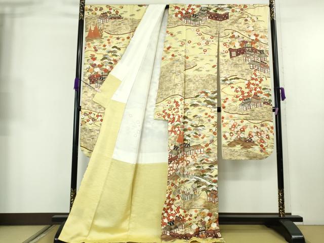 平和屋本店●極上　中国三大刺繍　蘇州刺繍　振袖　駒刺繍　風景吉祥花文　淡黄色地　金彩　逸品　DZAB8754kh6