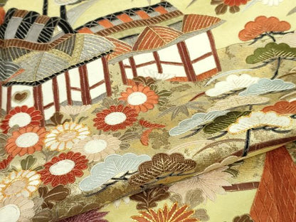 平和屋本店●極上　中国三大刺繍　蘇州刺繍　振袖　駒刺繍　風景吉祥花文　淡黄色地　金彩　逸品　DZAB8754kh6