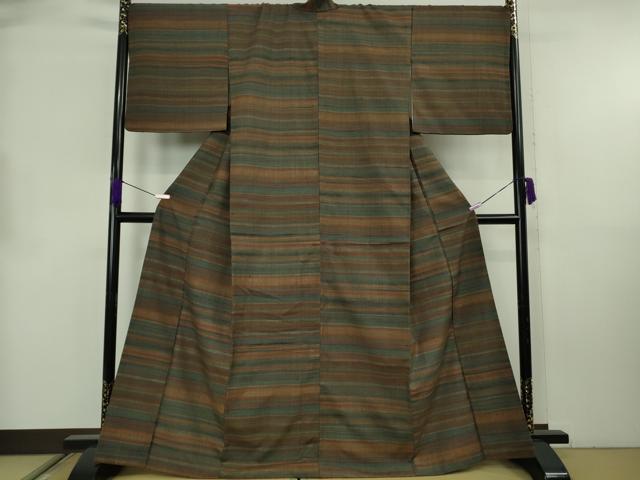 平和屋本店●極上　郡上紬　草木染　横段文　逸品　DZAB8759kh6