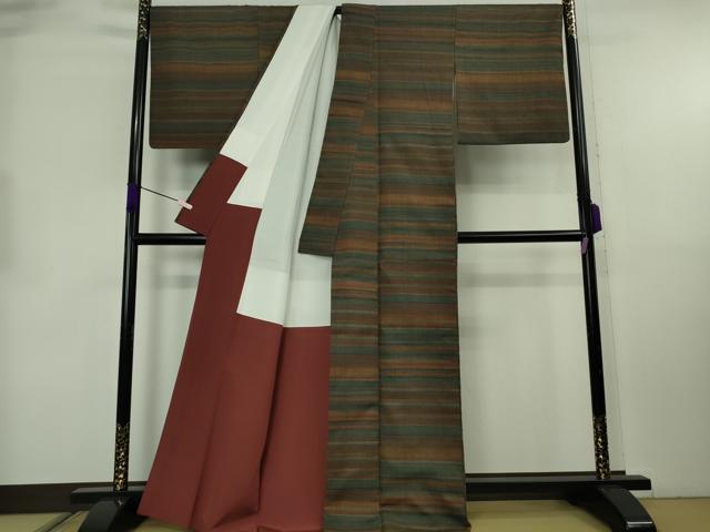 平和屋本店●極上　郡上紬　草木染　横段文　逸品　DZAB8759kh6