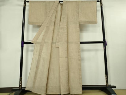 平和屋着物＊極上　夏物　本場小千谷ちぢみ　麻　縞　白橡色×棒茶色　逸品　DZAB8775kh6