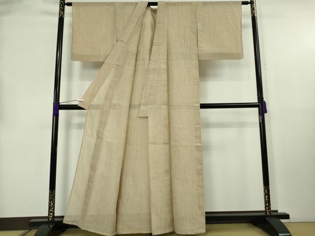 平和屋着物＊極上　夏物　本場小千谷ちぢみ　麻　縞　白橡色×棒茶色　逸品　DZAB8775kh6