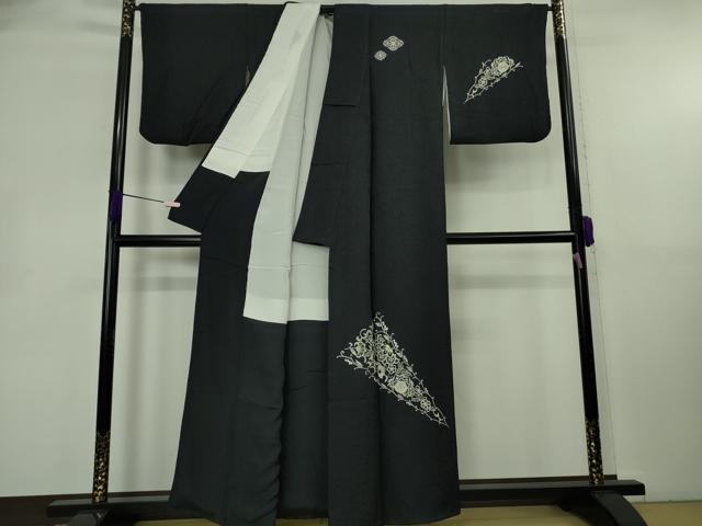 平和屋着物●極上　訪問着　総刺繍　花唐草文　濃い紺地　金糸　逸品　DZAB8786kh6