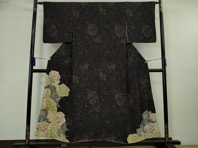 平和屋本店●極上　アンティーク　大正ロマン　訪問着　唐獅子　牡丹　黒地　逸品　DZAB8795kh6