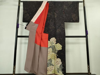平和屋本店●極上　アンティーク　大正ロマン　訪問着　唐獅子　牡丹　黒地　逸品　DZAB8795kh6