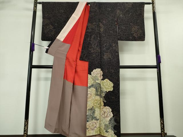 平和屋本店●極上　アンティーク　大正ロマン　訪問着　唐獅子　牡丹　黒地　逸品　DZAB8795kh6