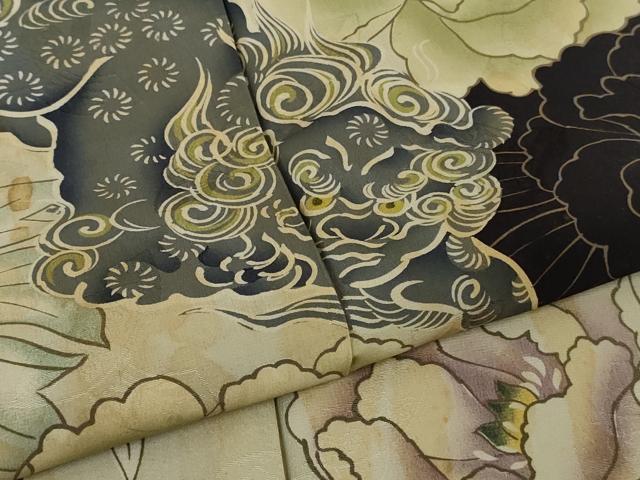 平和屋本店●極上　アンティーク　大正ロマン　訪問着　唐獅子　牡丹　黒地　逸品　DZAB8795kh6