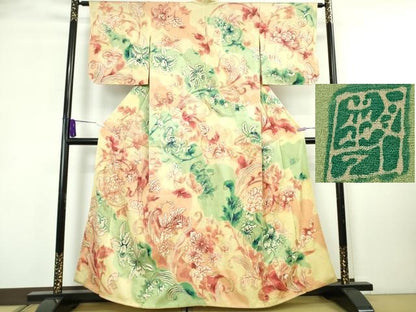 平和屋本店●超希少　染彩芸術の巨匠 皆川月華　ろうけつ染　アンティーク　大正ロマン　訪問着　刺繍　カトレア　金糸　逸品　DZAB8796kh6