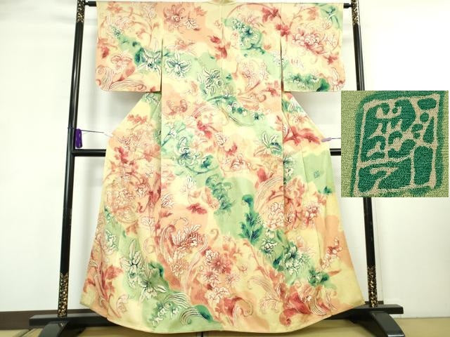 平和屋本店●超希少　染彩芸術の巨匠 皆川月華　ろうけつ染　アンティーク　大正ロマン　訪問着　刺繍　カトレア　金糸　逸品　DZAB8796kh6