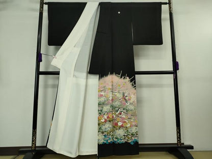 平和屋本店●極上　本加賀友禅作家　百貫華峰　黒留袖　枝花に小鳥　暈し染め　逸品　DZAB8799kh6