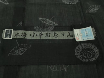平和屋着物＊極上　夏物　本場小千谷ちぢみ　麻　捺染絣　織田工房謹製　番傘　黒地　証紙付き　逸品　未使用　DZAB8804kh6