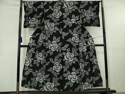 平和屋着物∴極上　夏物　浴衣　有松鳴海絞り　薔薇　バラ　黒地　綿　やまと誂製　逸品　DZAB8812kh6