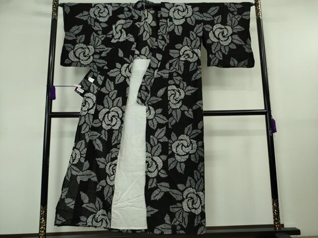 平和屋着物∴極上　夏物　浴衣　有松鳴海絞り　薔薇　バラ　黒地　綿　やまと誂製　逸品　DZAB8812kh6