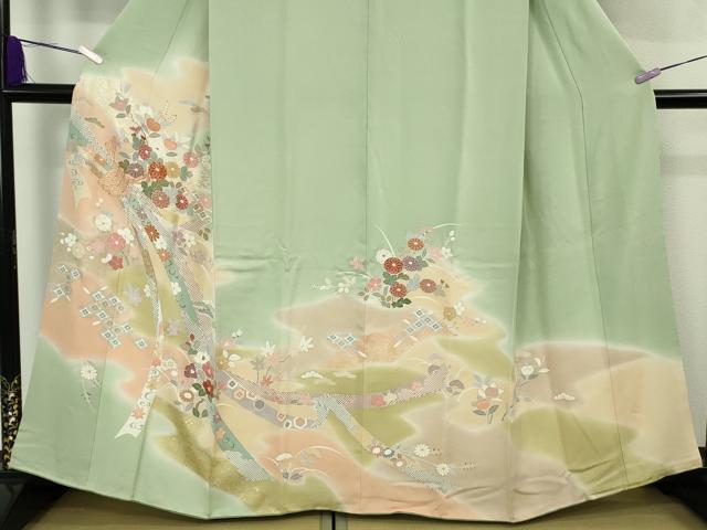 平和屋本店●極上　創業460年・千總　訪問着　駒刺繍　束ね熨斗花文　裏葉柳色地　暈し染め　金彩　反端付き　逸品　DZAB8819kh6
