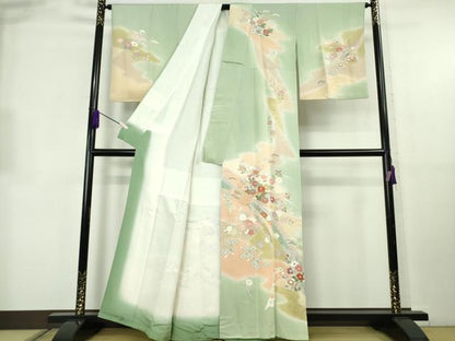 平和屋本店●極上　創業460年・千總　訪問着　駒刺繍　束ね熨斗花文　裏葉柳色地　暈し染め　金彩　反端付き　逸品　DZAB8819kh6