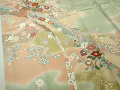 平和屋本店●極上　創業460年・千總　訪問着　駒刺繍　束ね熨斗花文　裏葉柳色地　暈し染め　金彩　反端付き　逸品　DZAB8819kh6