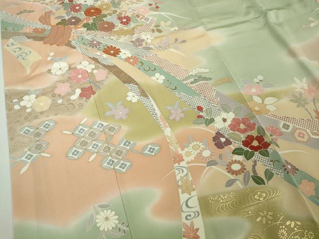 平和屋本店●極上　創業460年・千總　訪問着　駒刺繍　束ね熨斗花文　裏葉柳色地　暈し染め　金彩　反端付き　逸品　DZAB8819kh6