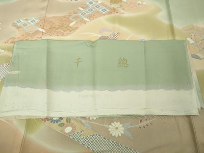 平和屋本店●極上　創業460年・千總　訪問着　駒刺繍　束ね熨斗花文　裏葉柳色地　暈し染め　金彩　反端付き　逸品　DZAB8819kh6