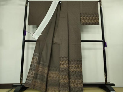 平和屋本店▽極上　創業200年・7代目永治屋清左衛門　訪問着　単衣　お召地　花唐草文　黒橡色地　逸品　DZAB8825kh6