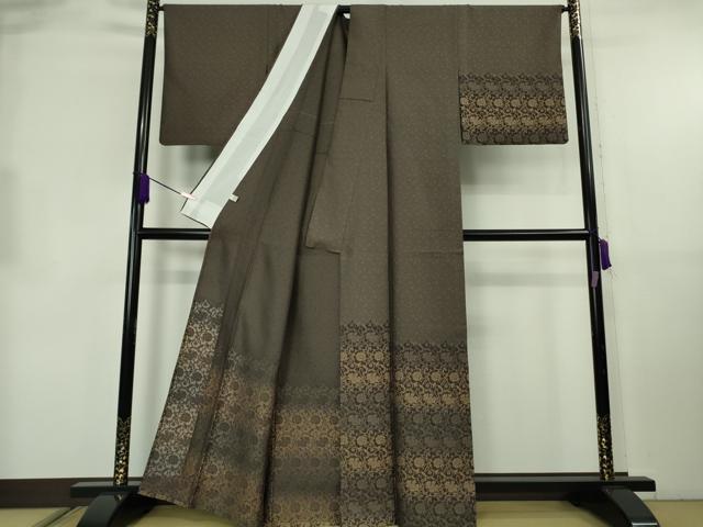 平和屋本店▽極上　創業200年・7代目永治屋清左衛門　訪問着　単衣　お召地　花唐草文　黒橡色地　逸品　DZAB8825kh6